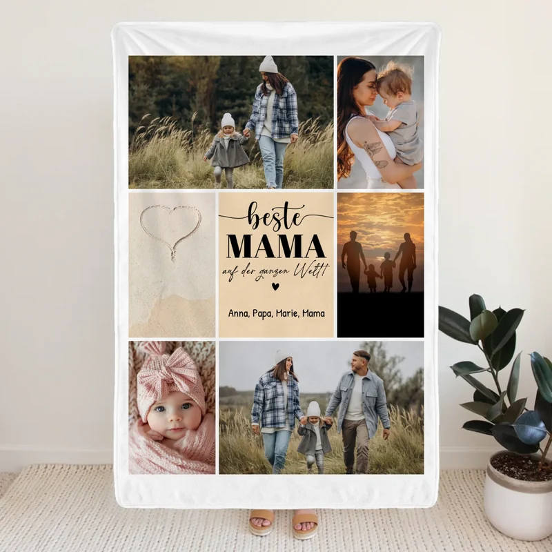 Personalisierte Decke - Beste Mama auf der ganzen Welt - Fotocollage mit 6 Bildern