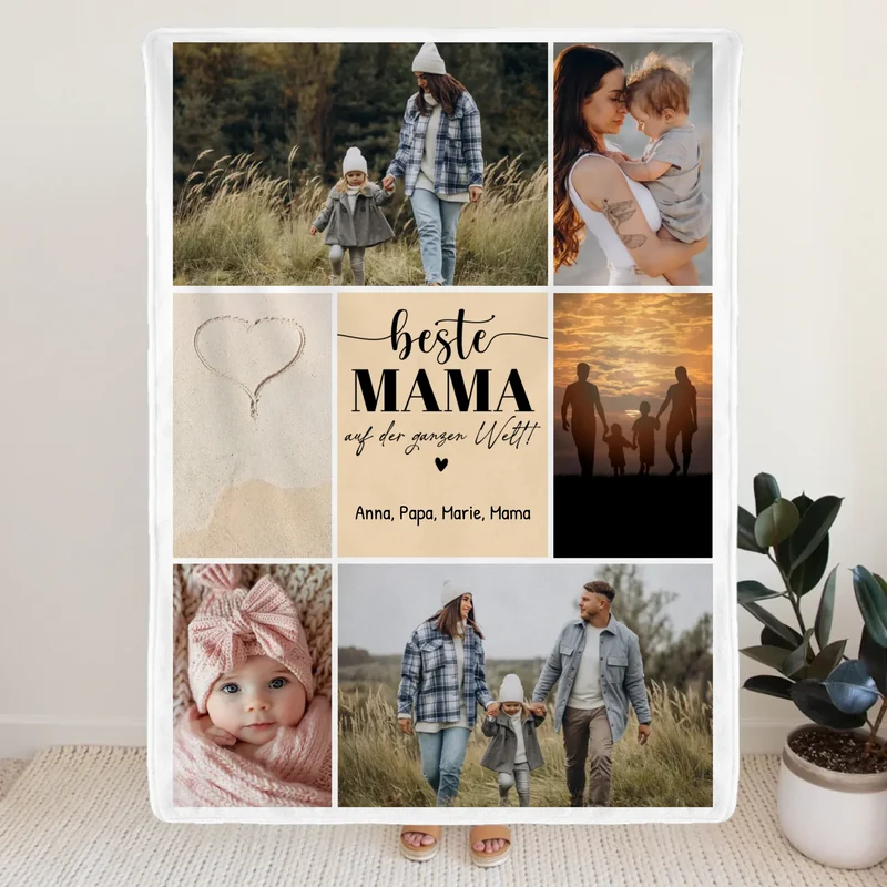 Personalisierte Decke - Beste Mama auf der ganzen Welt - Fotocollage mit 6 Bildern