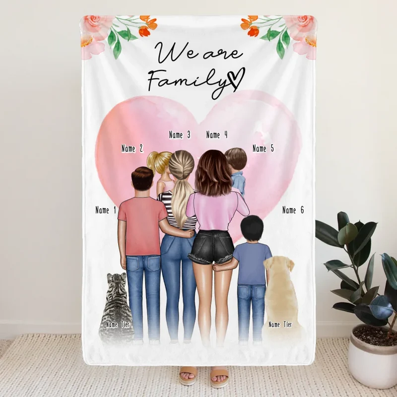 Personalisierte Decke - Familie (lesbisch/gleichgeschlechtlich) + 1-4 Kinder + 1-2 Hunde/Katzen