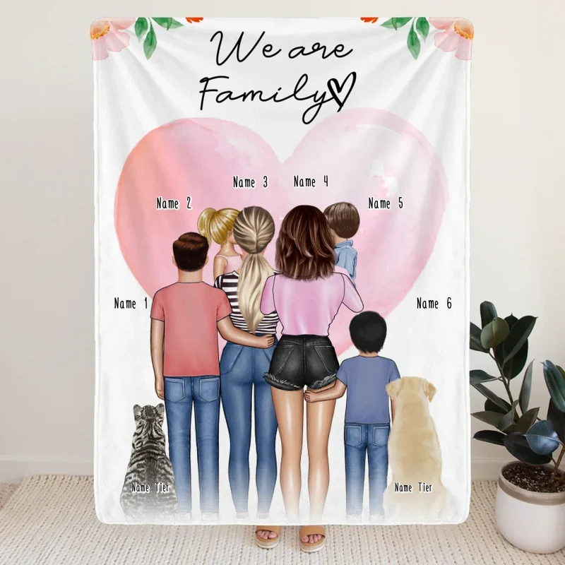 Personalisierte Decke - Familie (lesbisch/gleichgeschlechtlich) + 1-4 Kinder + 1-2 Hunde/Katzen