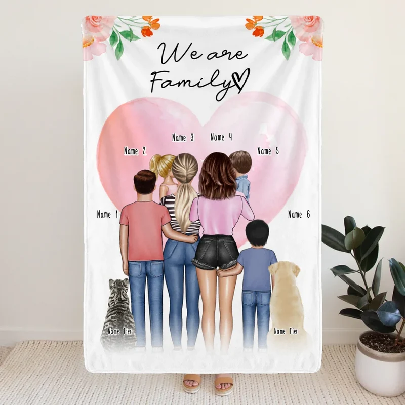 Personalisierte Decke - Familie (lesbisch/gleichgeschlechtlich) + 1-4 Kinder + 1-2 Hunde/Katzen