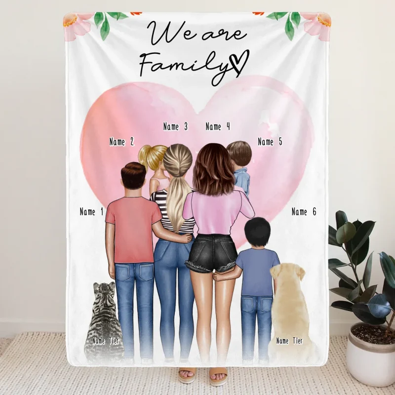 Personalisierte Decke - Familie (lesbisch/gleichgeschlechtlich) + 1-4 Kinder + 1-2 Hunde/Katzen