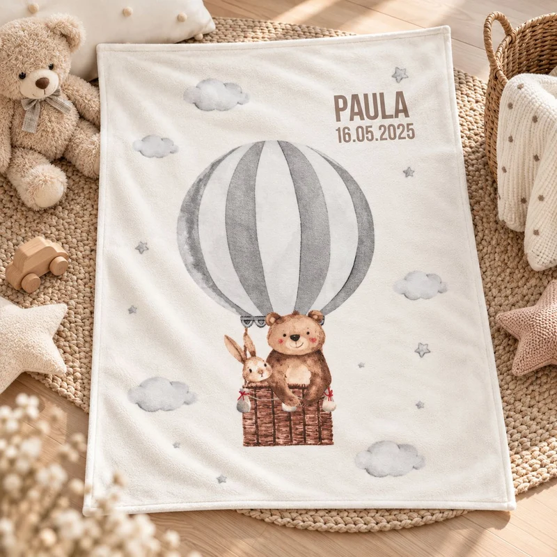 Babydecke mit Namen Motiv Ballonfahrt bestickt 75x100cm