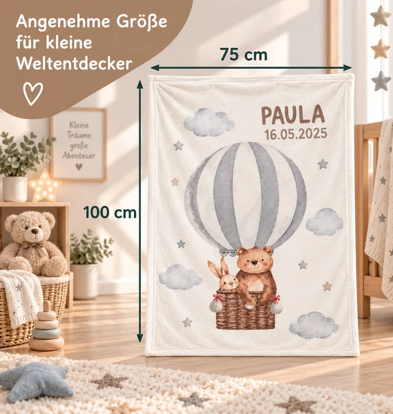 Babydecke mit Namen Motiv Ballonfahrt bestickt 75x100cm