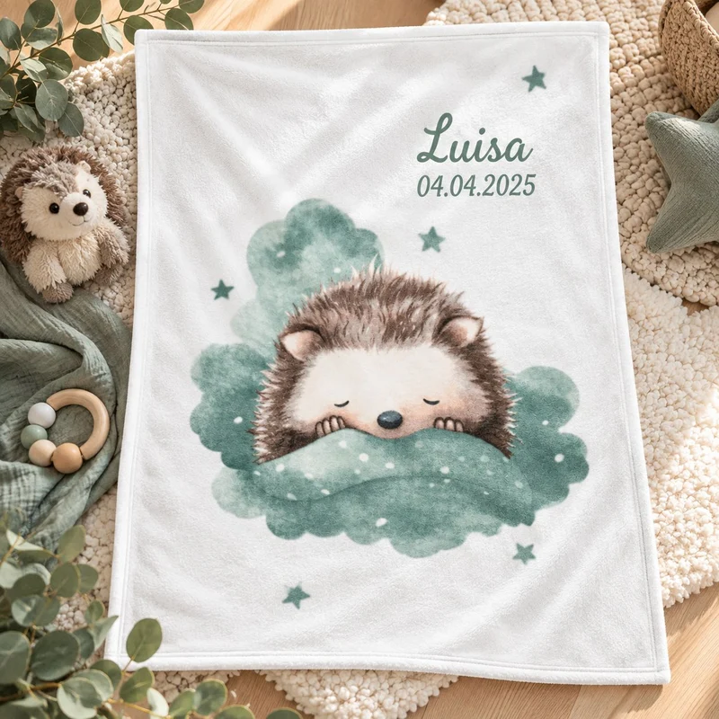 Babydecke mit Namen Kleiner Igel Motiv bestickt 75x100cm