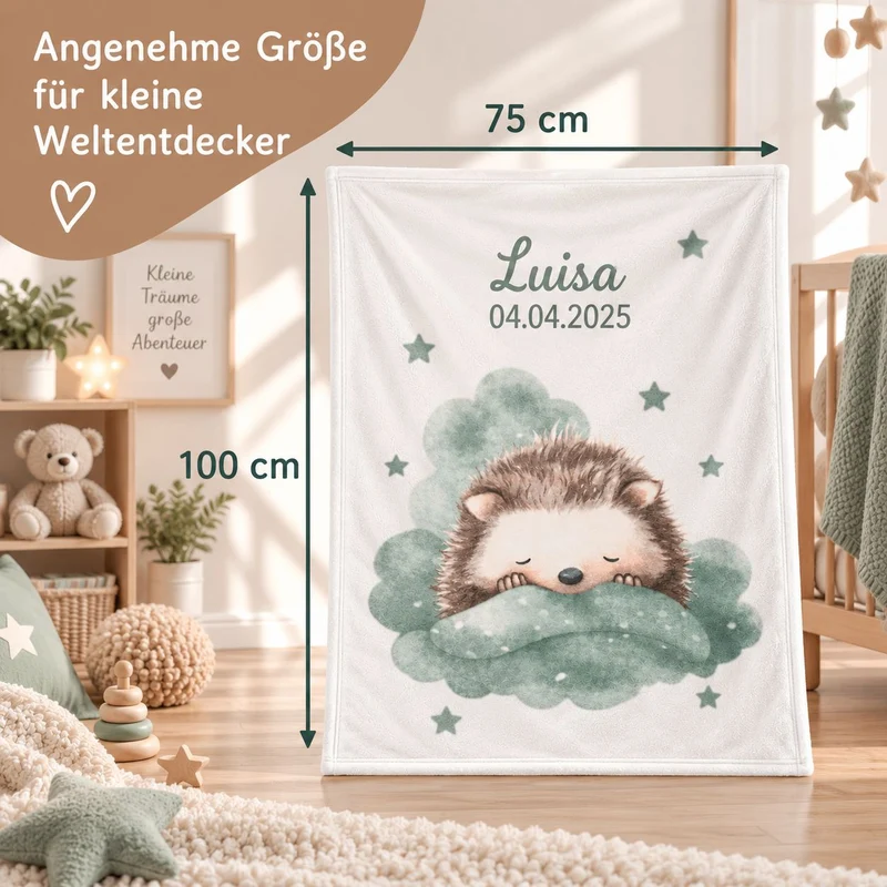 Babydecke mit Namen Kleiner Igel Motiv bestickt 75x100cm