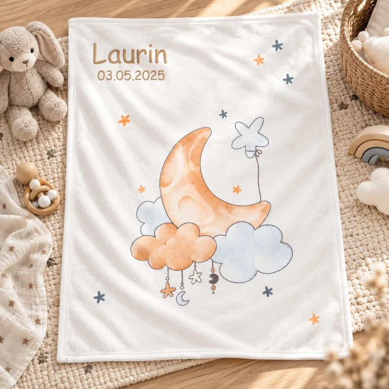 Mond und Sterne Babydecke mit Namen bestickt 75x100cm