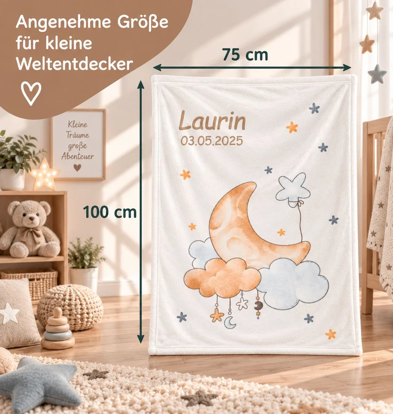 Mond und Sterne Babydecke mit Namen bestickt 75x100cm
