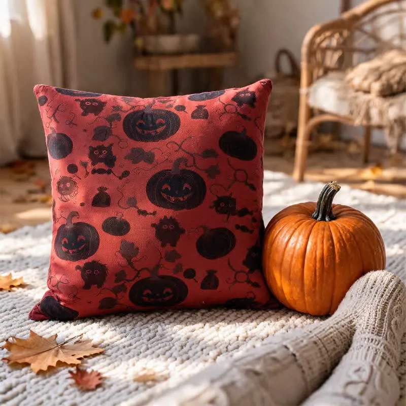 Mehrfarbiges Halloween-Kürbis- und Monster-Baumwollkissen
