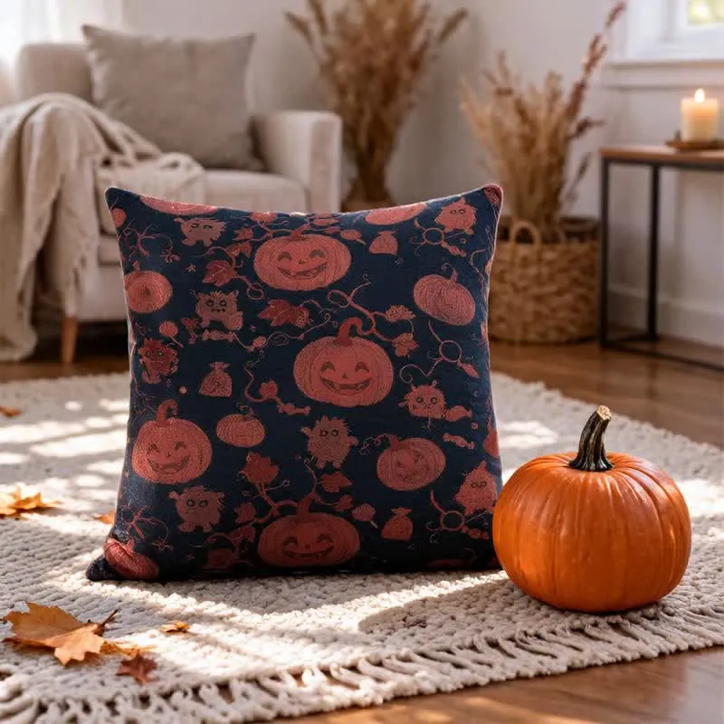 Mehrfarbiges Halloween-Kürbis- und Monster-Baumwollkissen