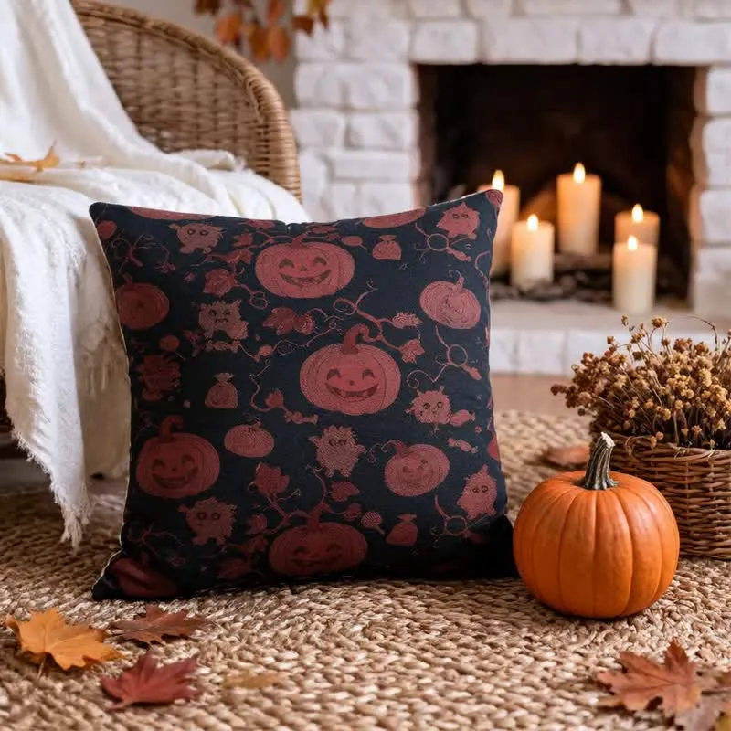 Mehrfarbiges Halloween-Kürbis- und Monster-Baumwollkissen