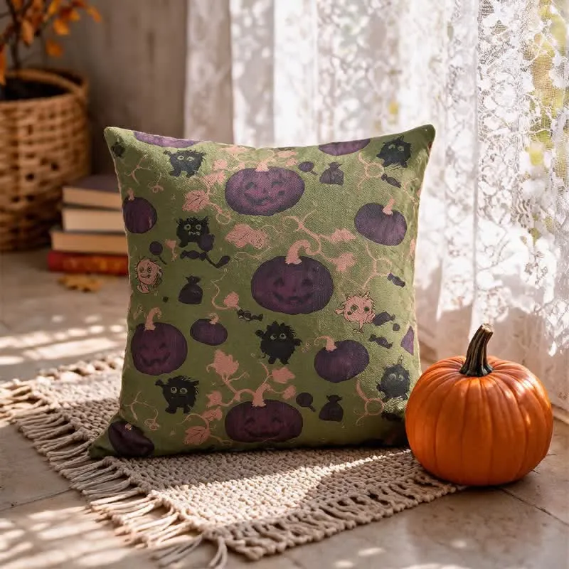 Mehrfarbiges Halloween-Kürbis- und Monster-Baumwollkissen