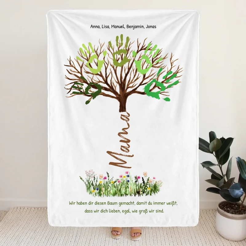 Personalisierte Decke - "Wir lieben dich, egal, wie groß wir sind" - Baum für Mama/Papa mit Handabdrücken