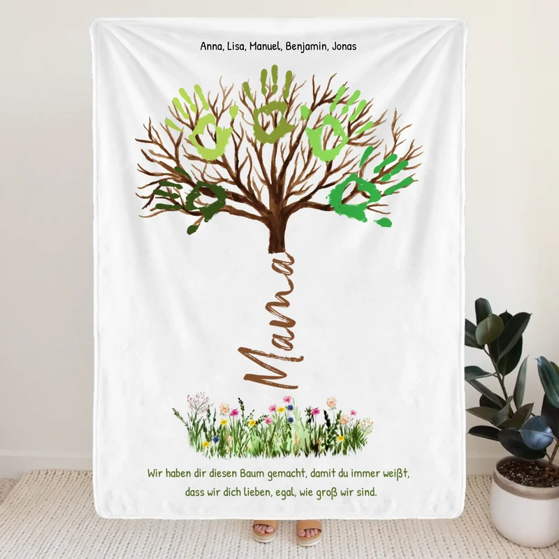 Personalisierte Decke - "Wir lieben dich, egal, wie groß wir sind" - Baum für Mama/Papa mit Handabdrücken