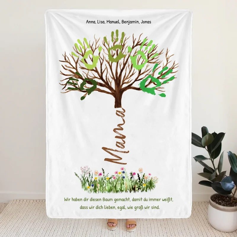 Personalisierte Decke - "Wir lieben dich, egal, wie groß wir sind" - Baum für Mama/Papa mit Handabdrücken