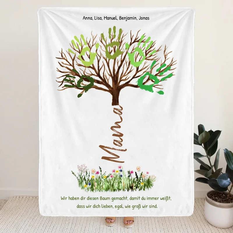 Personalisierte Decke - "Wir lieben dich, egal, wie groß wir sind" - Baum für Mama/Papa mit Handabdrücken