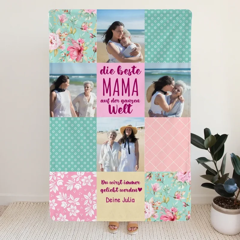 Personalisierte Decke - Patchworkdecke mit 4 Bildern - Die Beste Mama