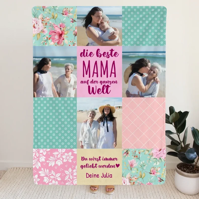 Personalisierte Decke - Patchworkdecke mit 4 Bildern - Die Beste Mama