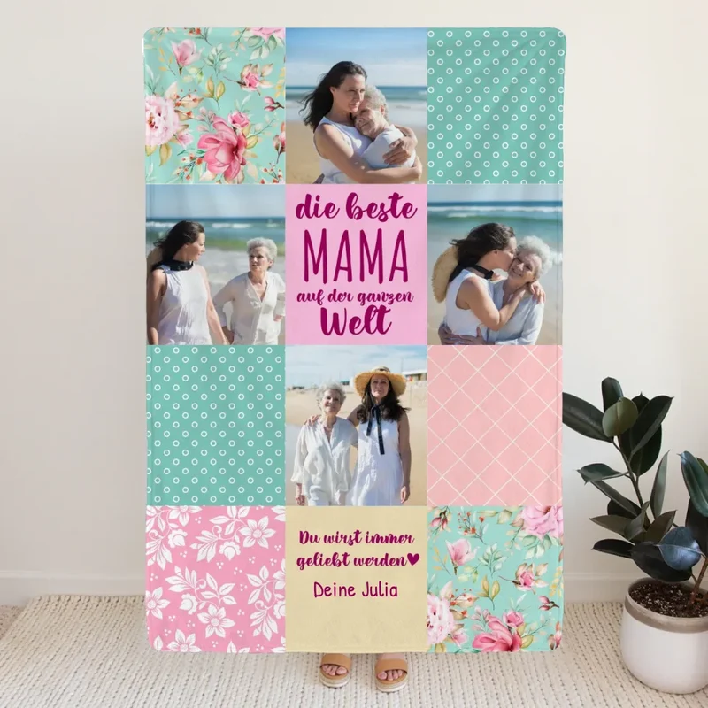 Personalisierte Decke - Patchworkdecke mit 4 Bildern - Die Beste Mama