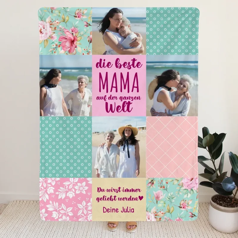 Personalisierte Decke - Patchworkdecke mit 4 Bildern - Die Beste Mama