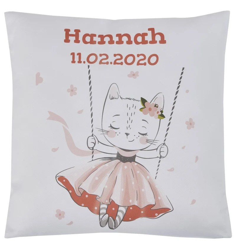 Wolimbo WSD Kissen mit Namen weiss 40x40cm Katze auf Schaukel
