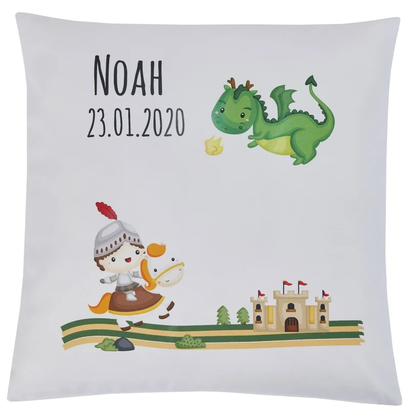 Wolimbo WSD Kissen mit Namen weiss 40x40cm Drachen Ritter