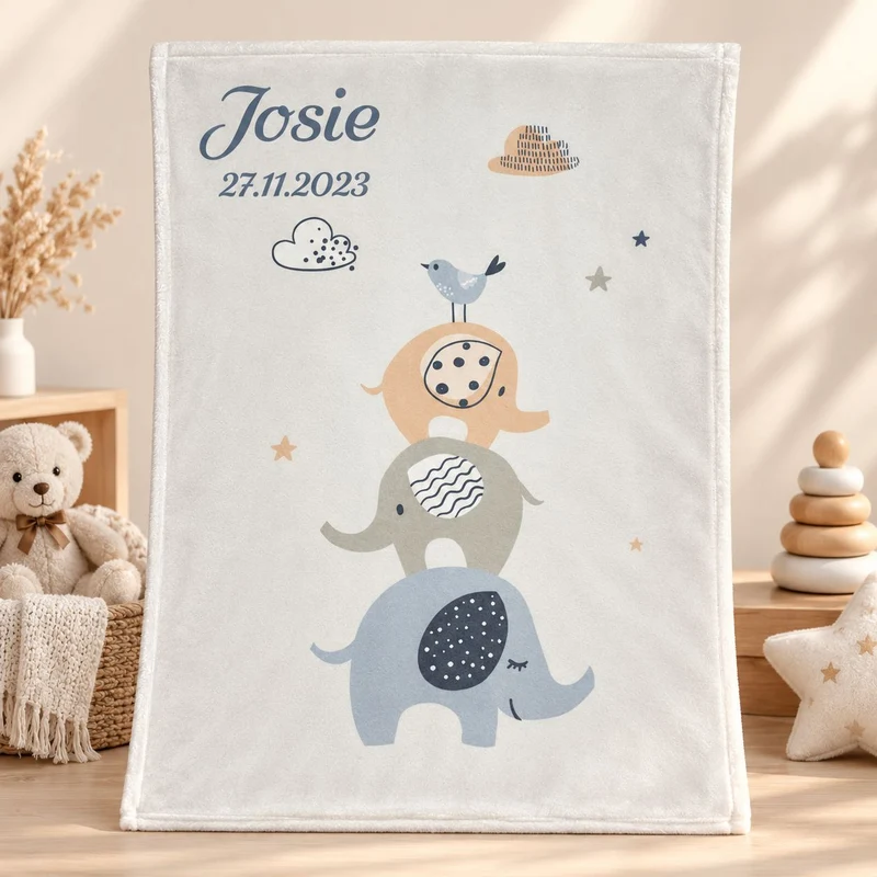Blaue Elefanten Babydecke mit Namen bestickt 75x100cm