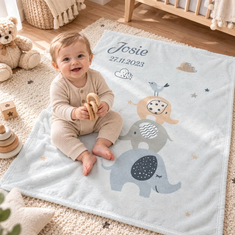 Blaue Elefanten Babydecke mit Namen bestickt 75x100cm