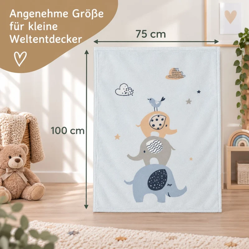 Blaue Elefanten Babydecke mit Namen bestickt 75x100cm