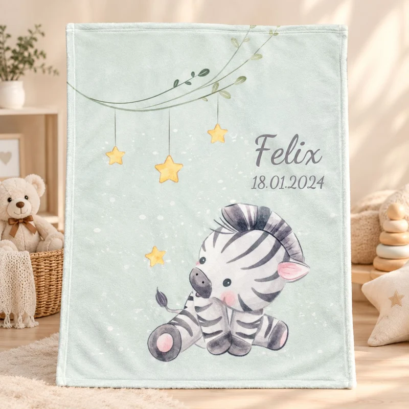 Kleines Zebra Babydecke mit Namen bestickt 75x100cm