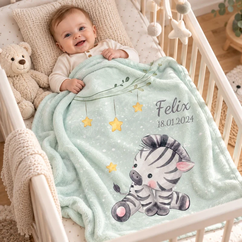 Kleines Zebra Babydecke mit Namen bestickt 75x100cm