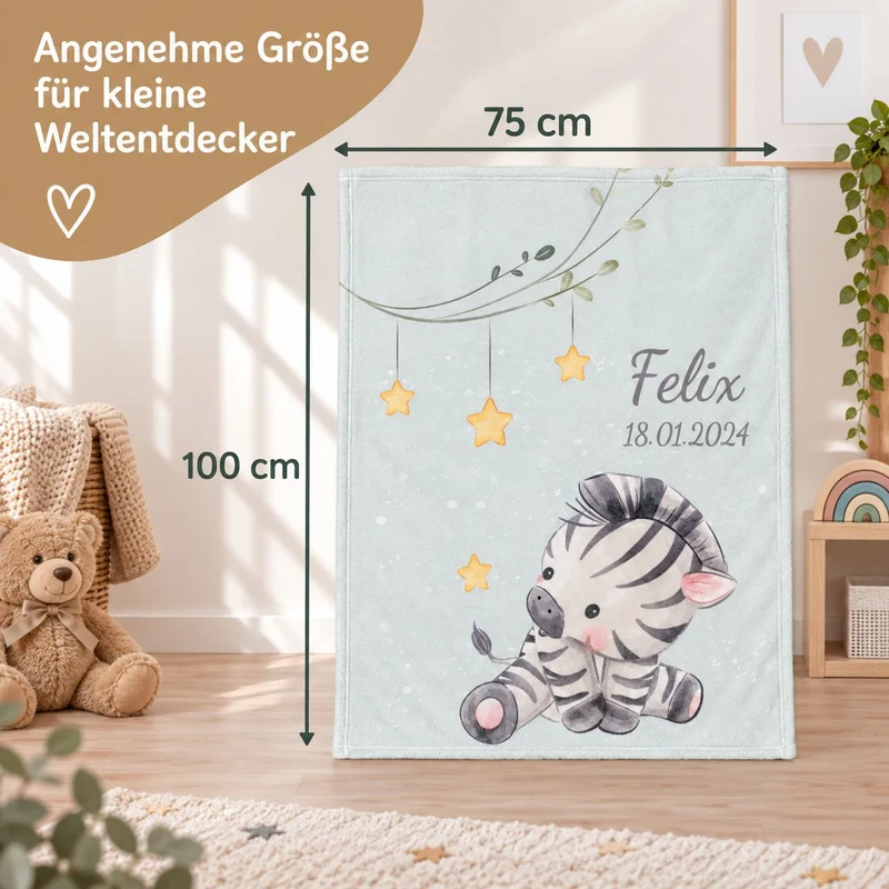Kleines Zebra Babydecke mit Namen bestickt 75x100cm