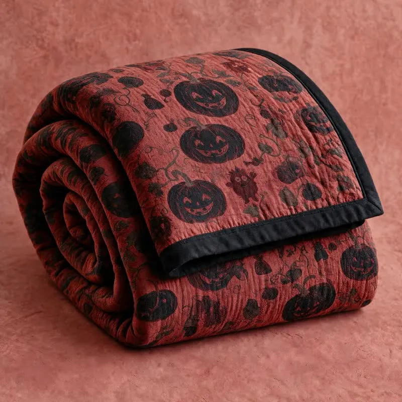 Wende-Baumwolldecke mit burgunderfarbenem Kürbis-Halloween-Motiv