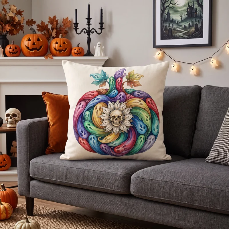 Kissenbezug mit Regenbogen-Geist-Kürbis-Halloween-Motiv