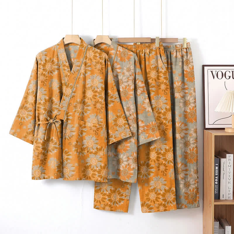 Retro-Sonnenblumen-Baumwollkimono-Pyjama-Set