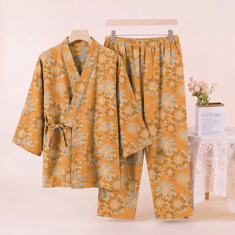 Retro-Sonnenblumen-Baumwollkimono-Pyjama-Set