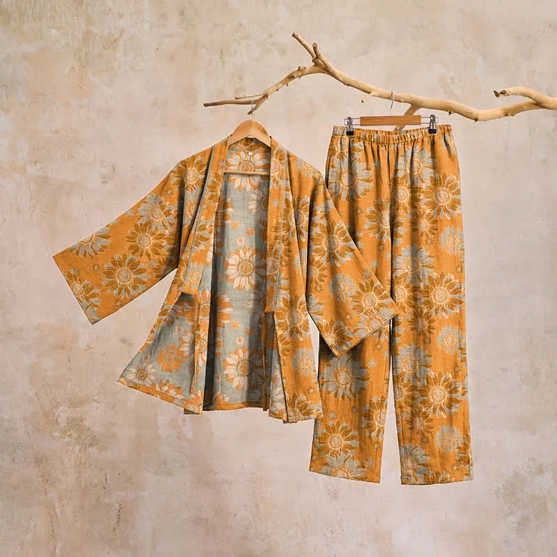 Retro-Sonnenblumen-Baumwollkimono-Pyjama-Set