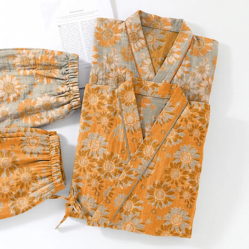 Retro-Sonnenblumen-Baumwollkimono-Pyjama-Set