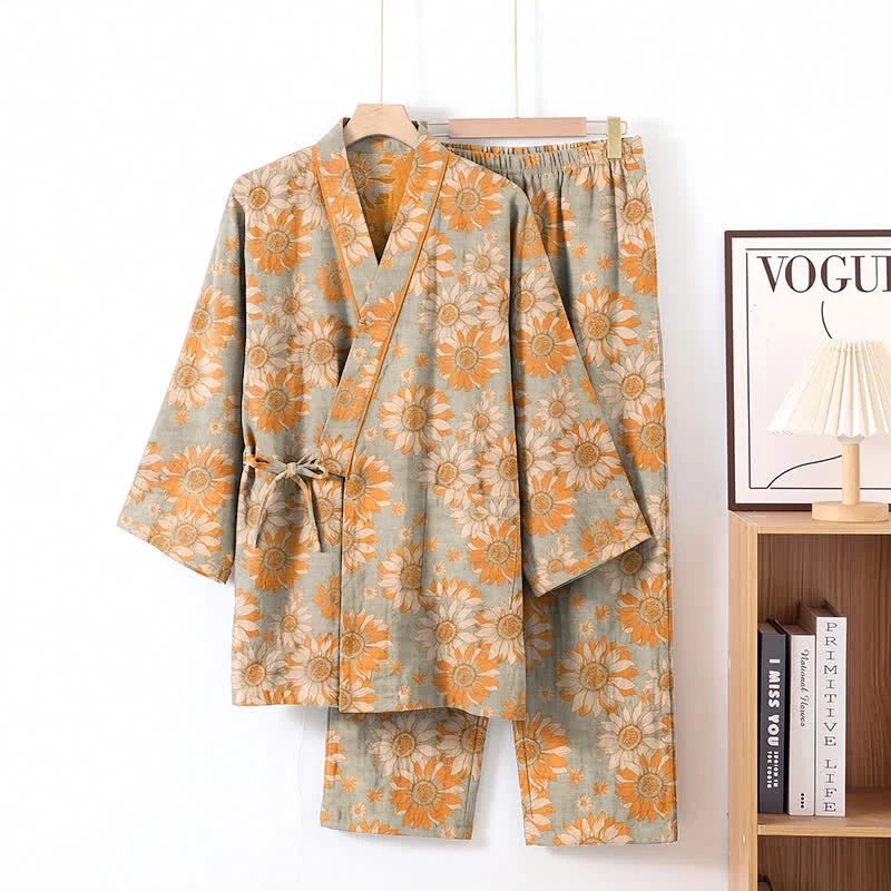 Retro-Sonnenblumen-Baumwollkimono-Pyjama-Set