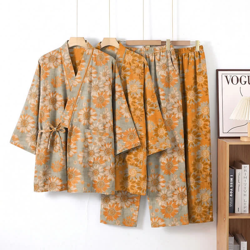 Retro-Sonnenblumen-Baumwollkimono-Pyjama-Set
