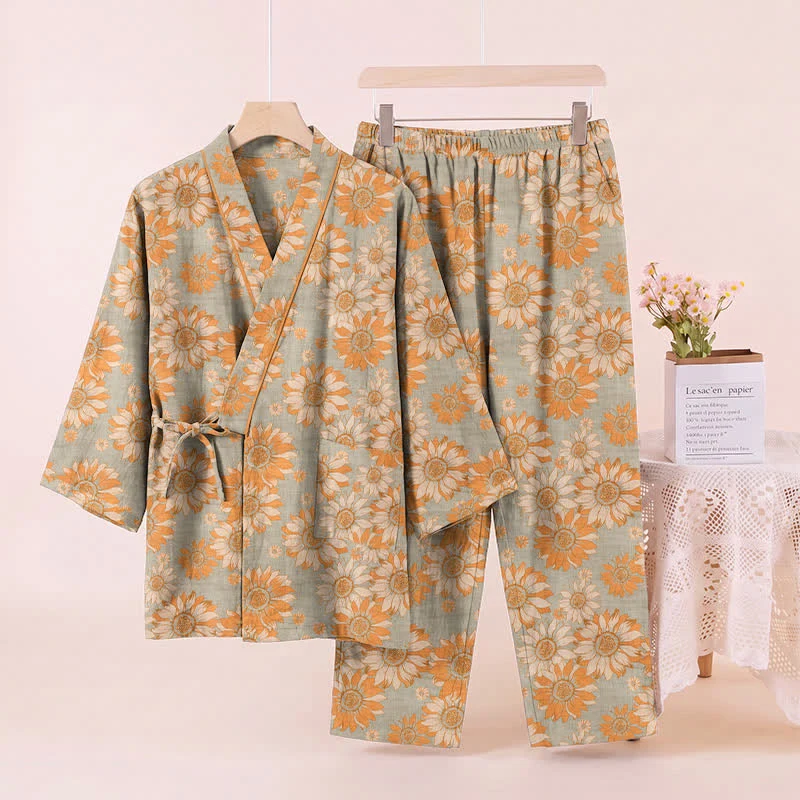Retro-Sonnenblumen-Baumwollkimono-Pyjama-Set