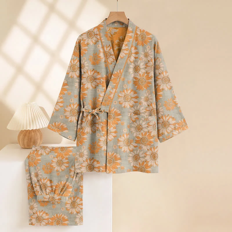 Retro-Sonnenblumen-Baumwollkimono-Pyjama-Set