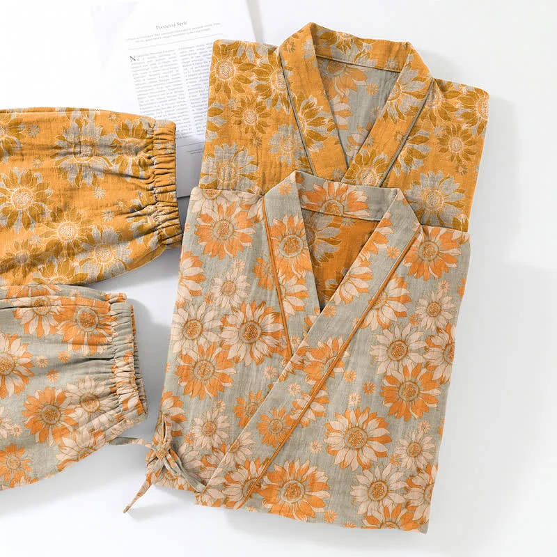 Retro-Sonnenblumen-Baumwollkimono-Pyjama-Set