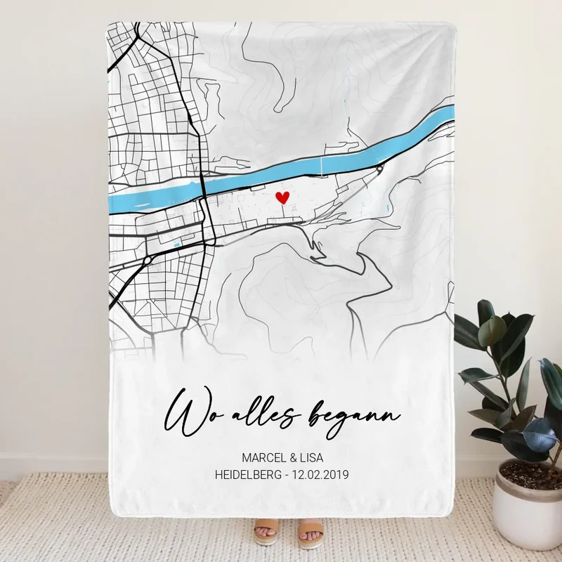 Personalisierte Decke - "Wo alles begann" - Karte mit Text