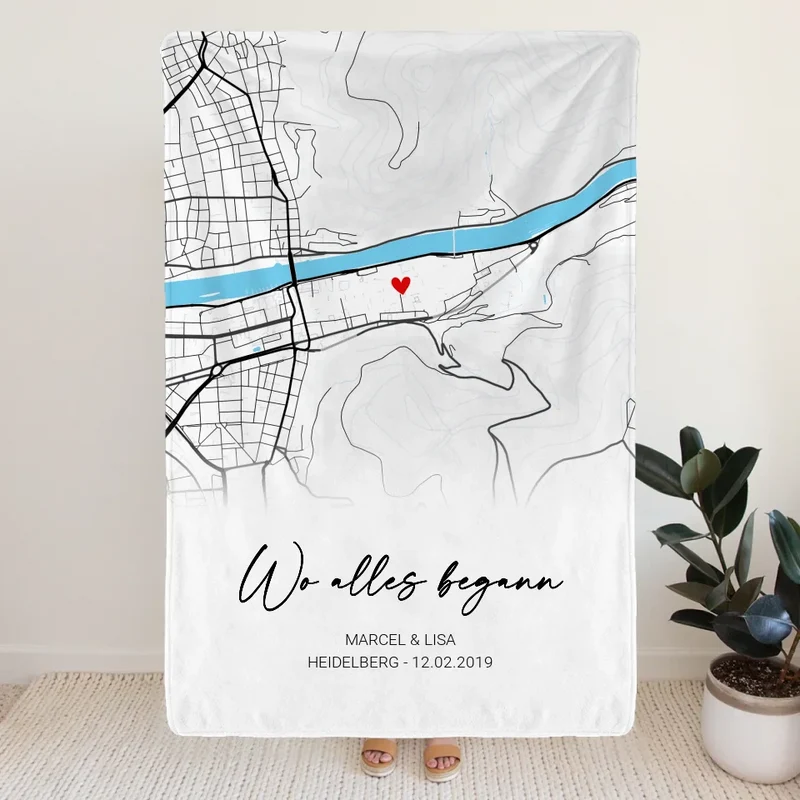 Personalisierte Decke - "Wo alles begann" - Karte mit Text