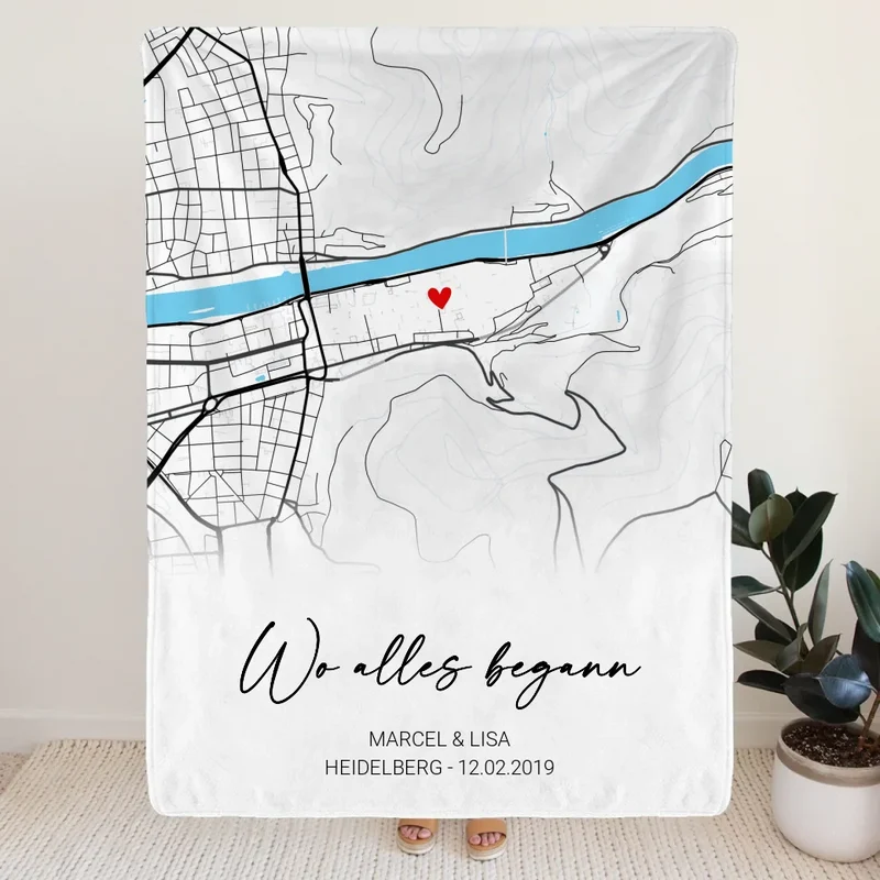 Personalisierte Decke - "Wo alles begann" - Karte mit Text