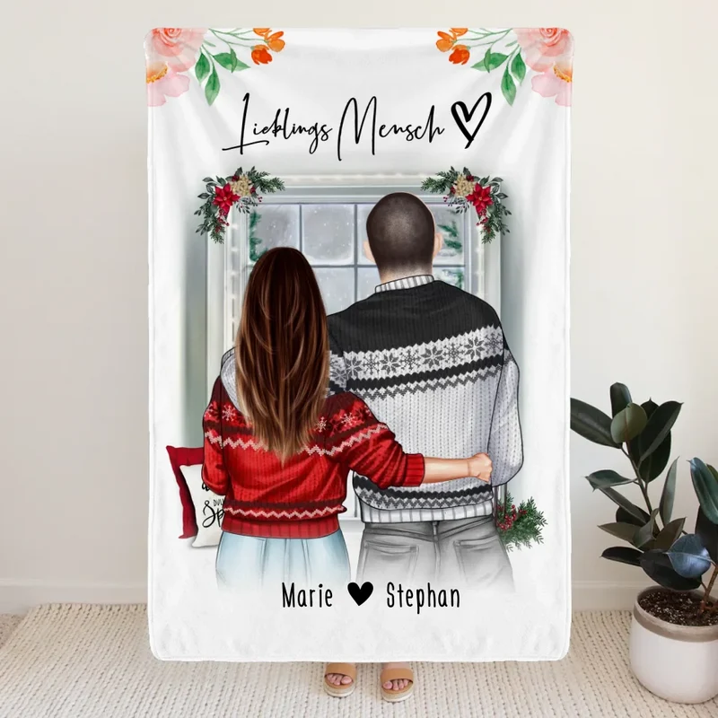 Personalisierte Decke mit Paar in Weihnachtspullovern (stehend) - Pärchen Decke - Weihnachtsdecke