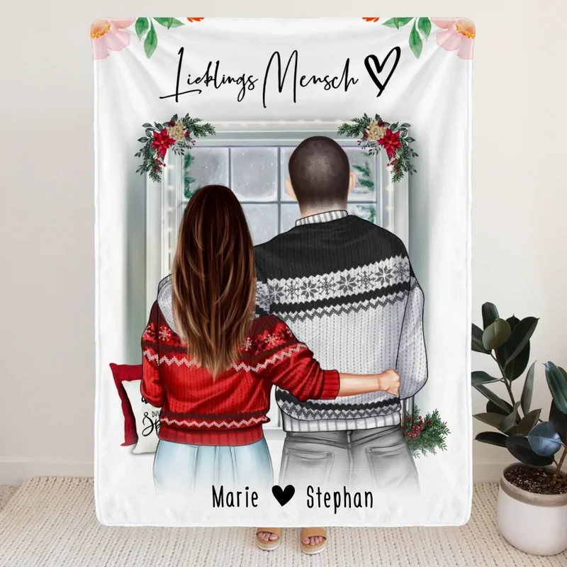 Personalisierte Decke mit Paar in Weihnachtspullovern (stehend) - Pärchen Decke - Weihnachtsdecke