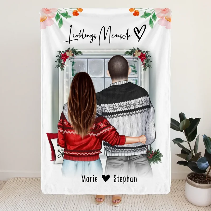 Personalisierte Decke mit Paar in Weihnachtspullovern (stehend) - Pärchen Decke - Weihnachtsdecke