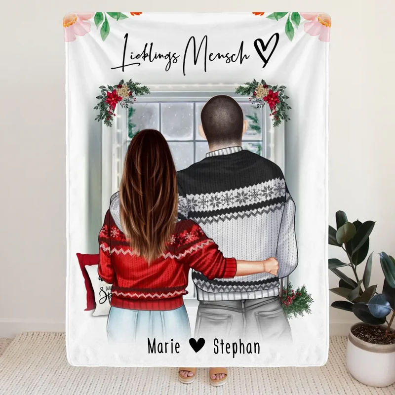 Personalisierte Decke mit Paar in Weihnachtspullovern (stehend) - Pärchen Decke - Weihnachtsdecke